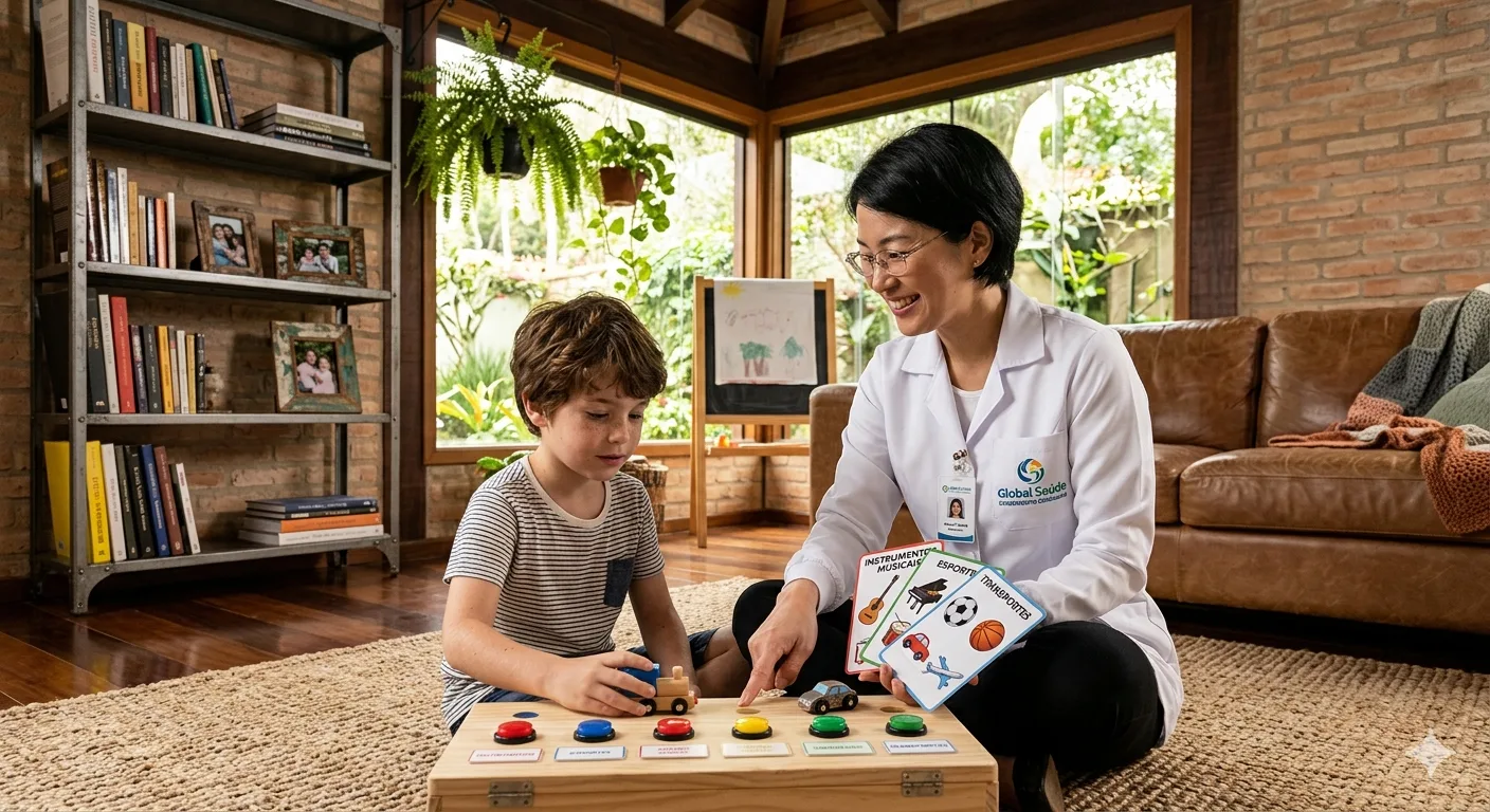 Cuidadora Global Saúde em atendimento domiciliar a criança neurodivergente em Joinville SC
